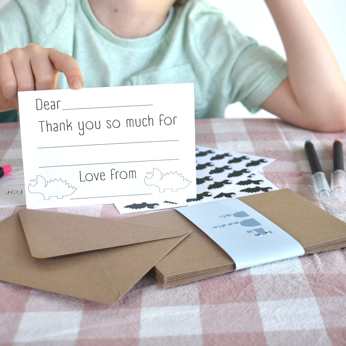 Fill in the gaps, colouring, set of 10 Dinosaur thank you cards for kids with envelopes