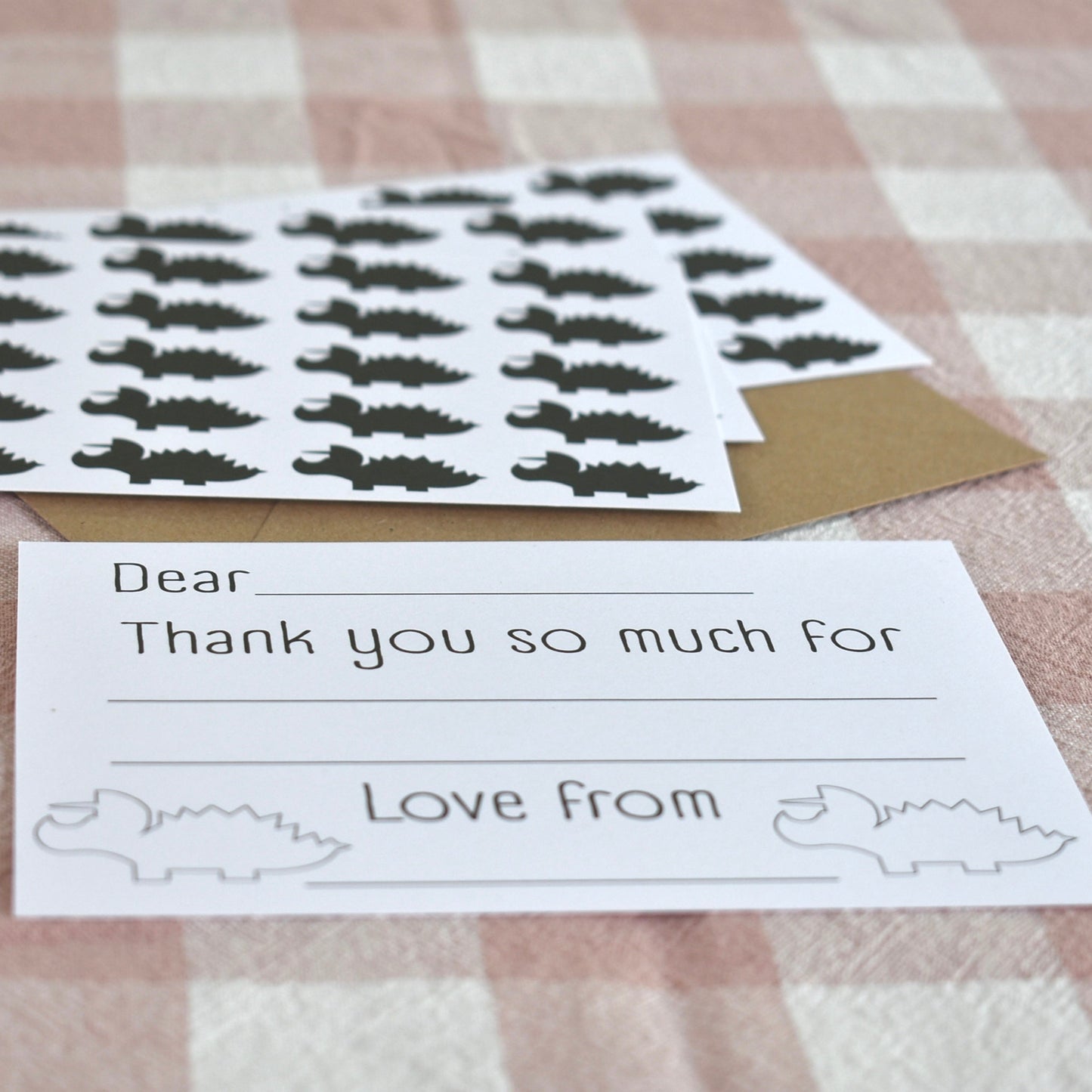 Fill in the gaps, colouring, set of 10 Dinosaur thank you cards for kids with envelopes