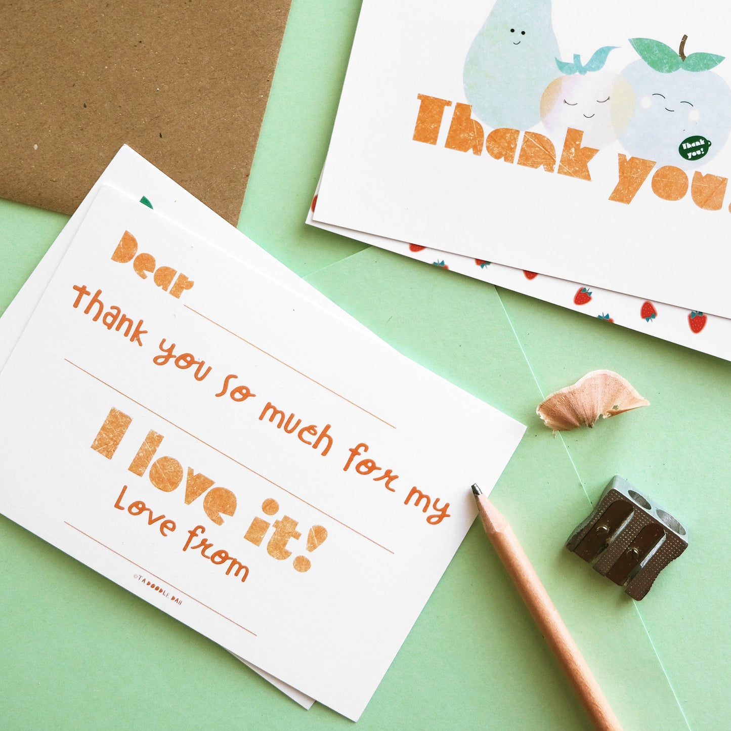 Fill in the gaps, set of 10 Fruit thank you cards for kids with envelopes