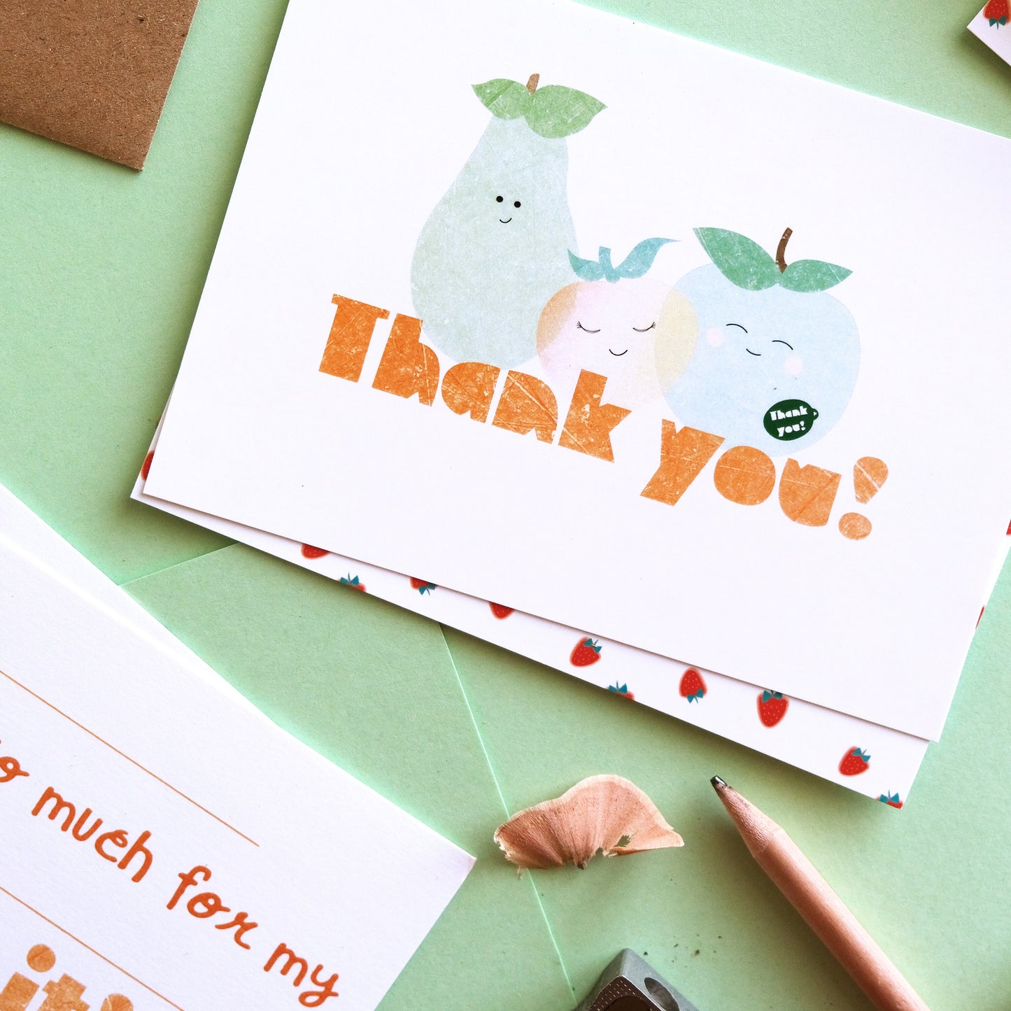 Fill in the gaps, set of 10 Fruit thank you cards for kids with envelopes