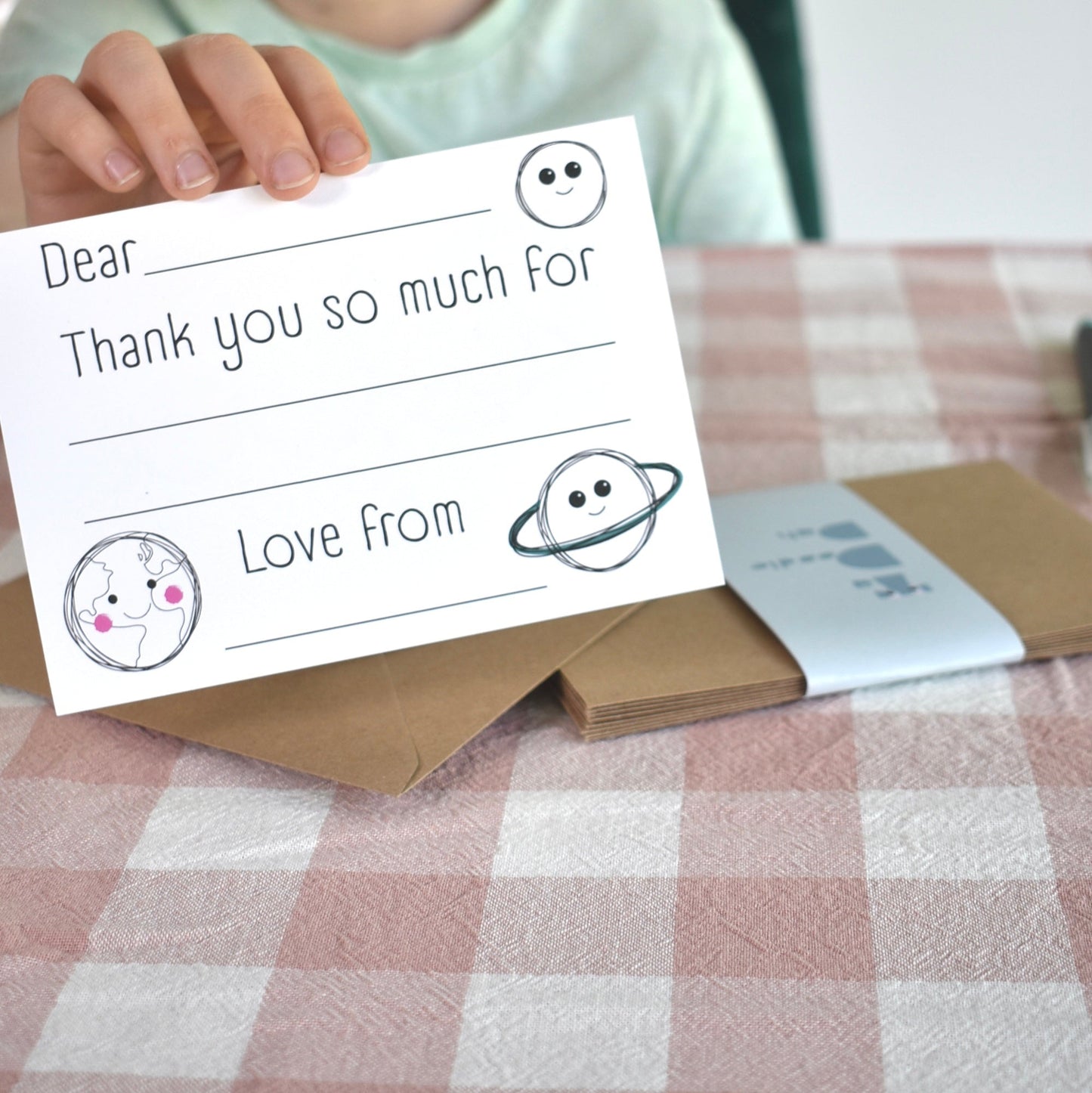 Fill in the gaps, colouring, set of 10 Space thank you cards for kids with envelopes