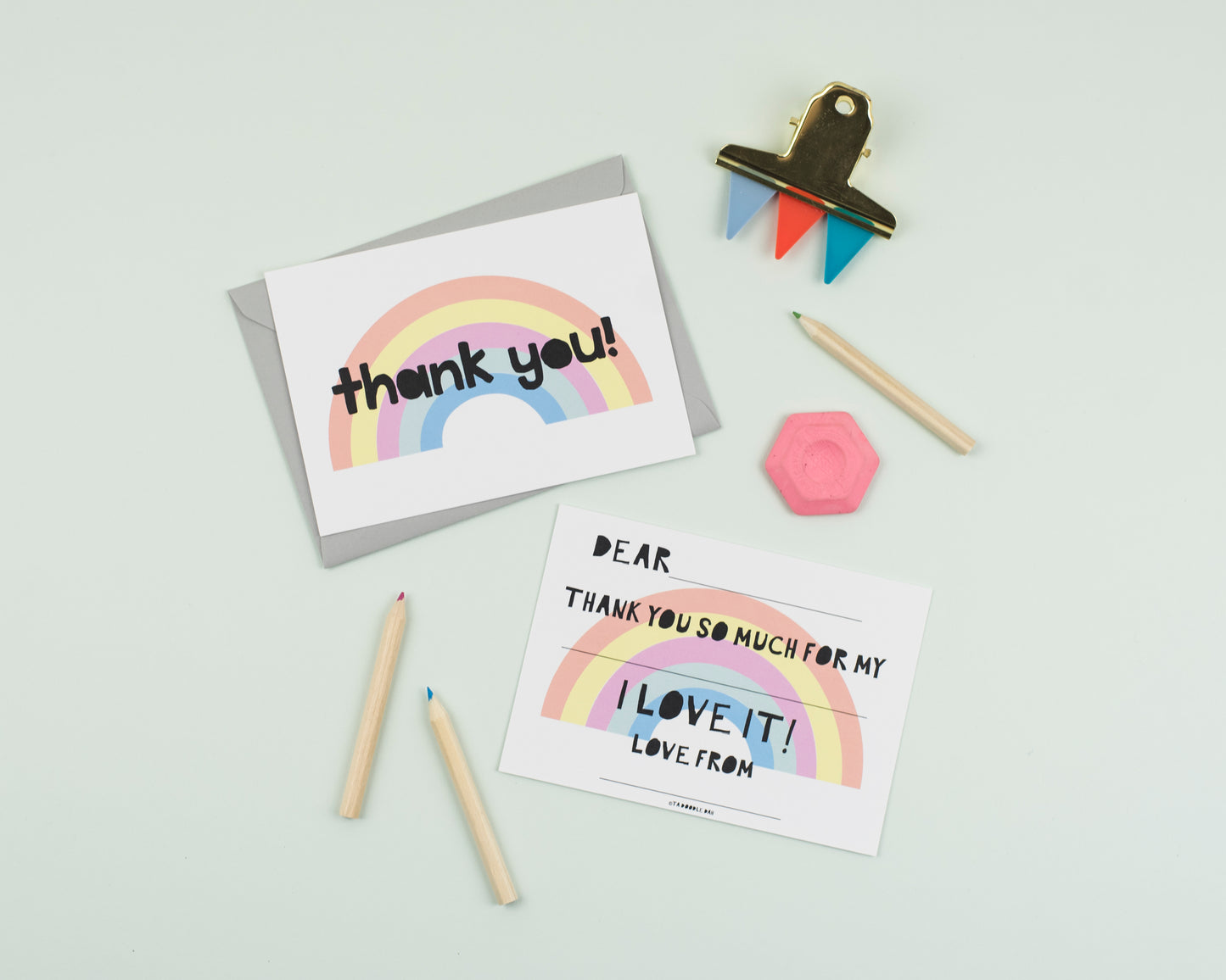 Rainbow thank you cards with writing frame for kids