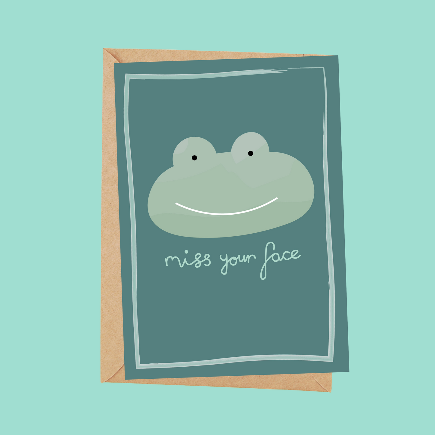 green frog miss your face greetings card