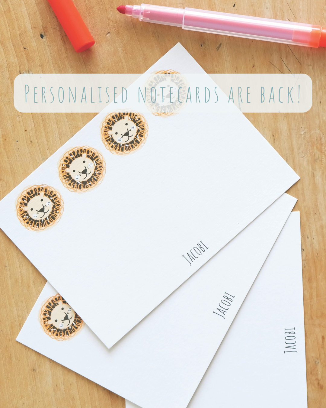 Lions personalised notecard set for children on a desk