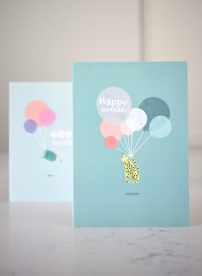 Leopard with balloons birthday card for kids - single card