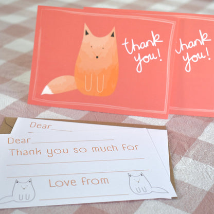Fill in the gaps, colouring, set of 10 Fox thank you cards for kids with envelopes