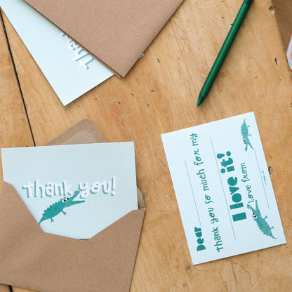 Fill in the gaps, set of 10 Crocodile thank you cards for kids with envelopes