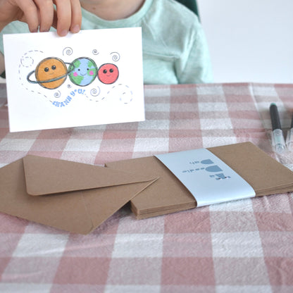 Fill in the gaps, colouring, set of 10 Space thank you cards for kids with envelopes