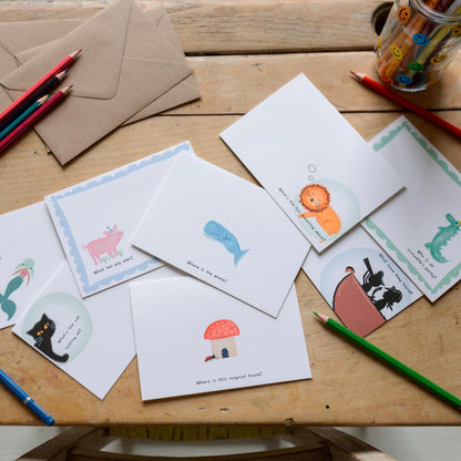 Finish the picture, set of 8 creative doodle cards for kids with prompts and envelopes
