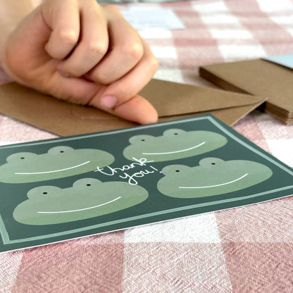 Fill in the gaps, colouring, set of 10 Frog thank you cards for kids with envelopes