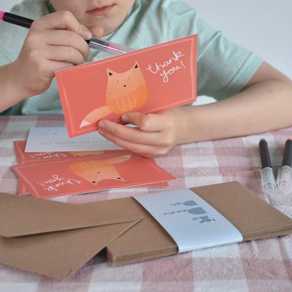 Fill in the gaps, colouring, set of 10 Fox thank you cards for kids with envelopes