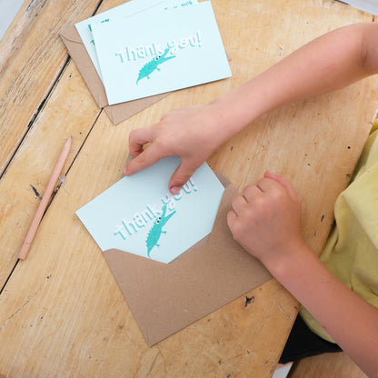 Fill in the gaps, set of 10 Crocodile thank you cards for kids with envelopes