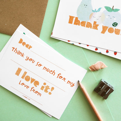 Fill in the gaps, set of 10 Fruit thank you cards for kids with envelopes