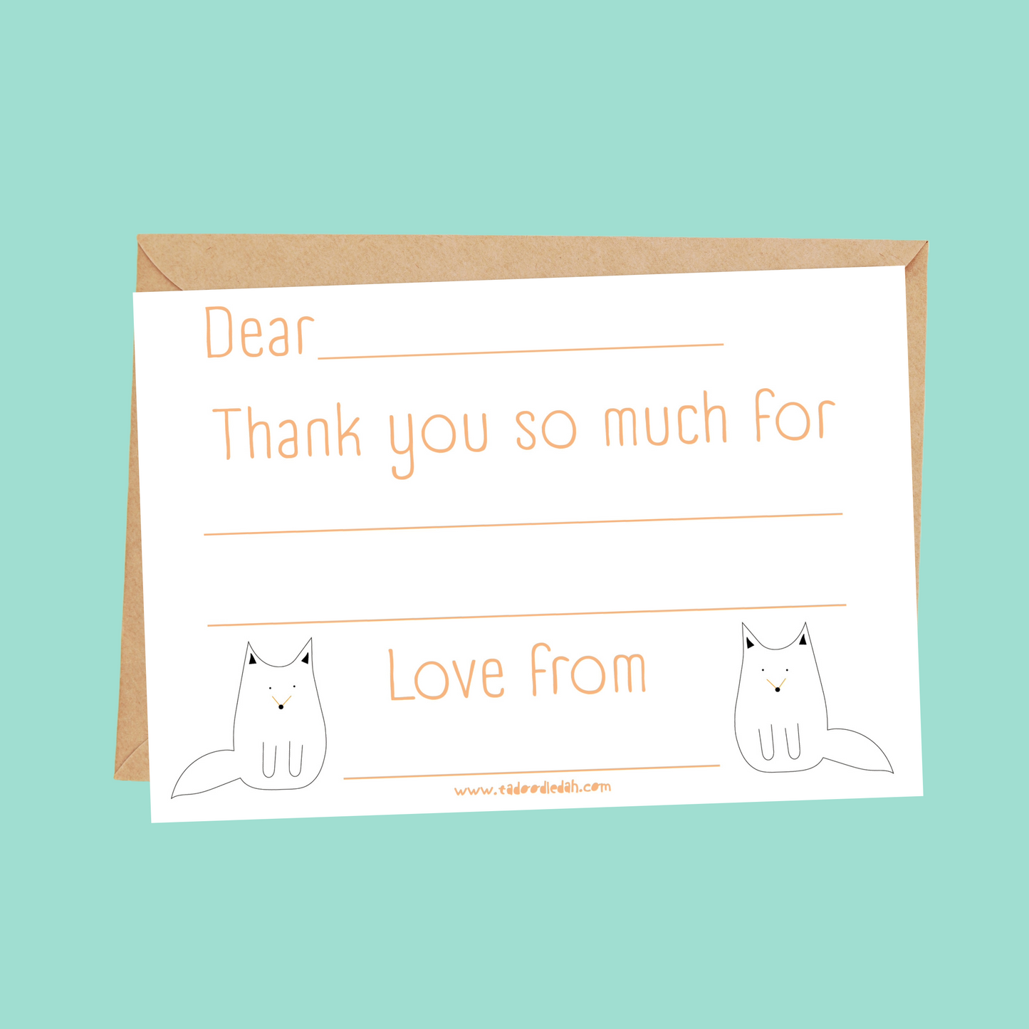 Fill in the gaps, colouring, set of 10 Fox thank you cards for kids with envelopes