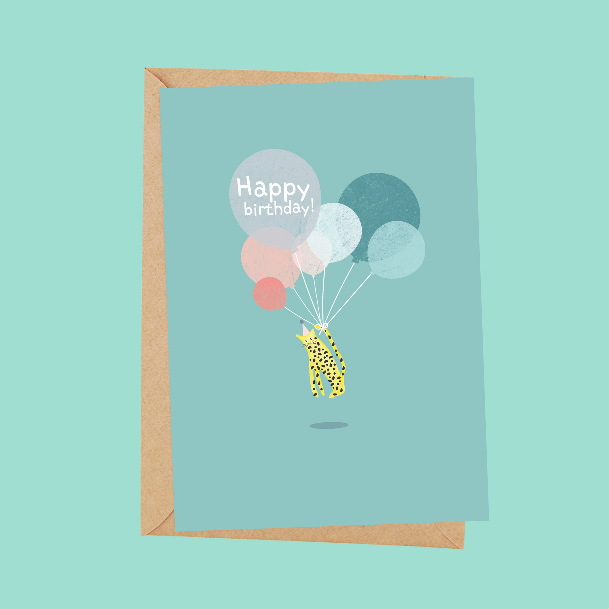 leopard with balloons birthday card