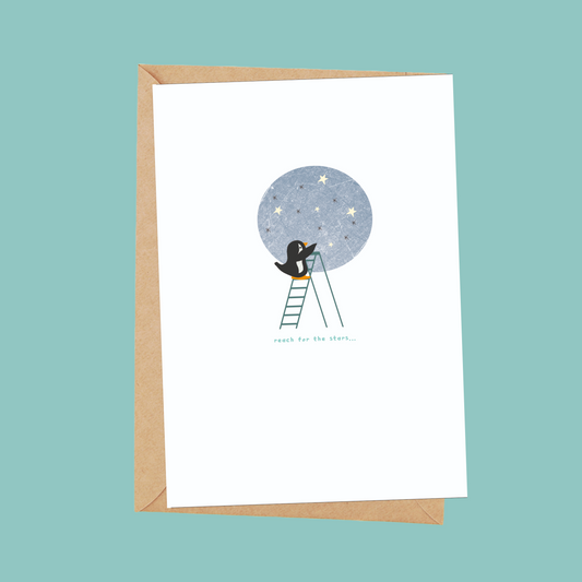 Penguin 'reach for the stars' card - single card with envelope
