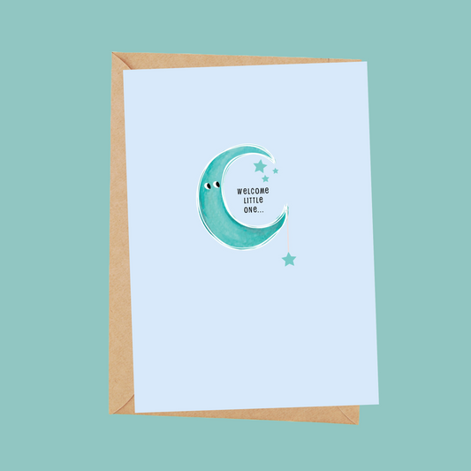 Blue new baby moon card with envelope