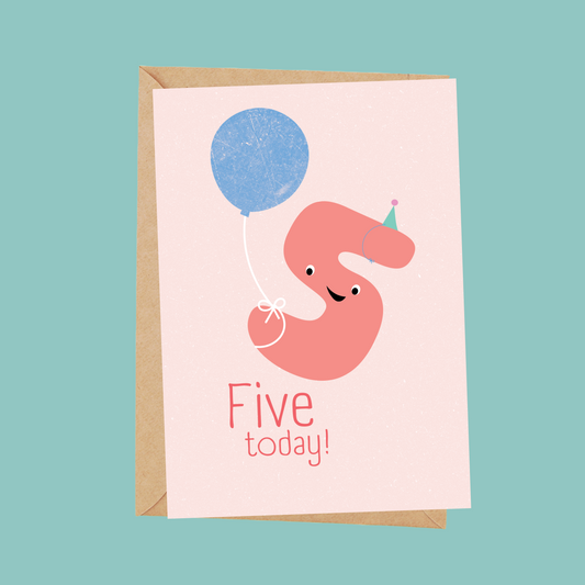 Age 5 floating balloon birthday card for kids - single card