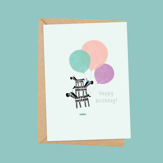 Zebra with balloons birthday card with envelope - green