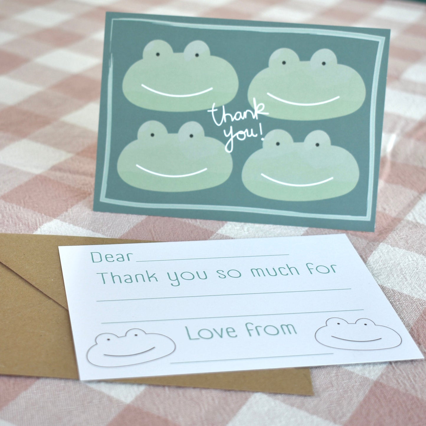 Fill in the gaps, colouring, set of 10 Frog thank you cards for kids with envelopes