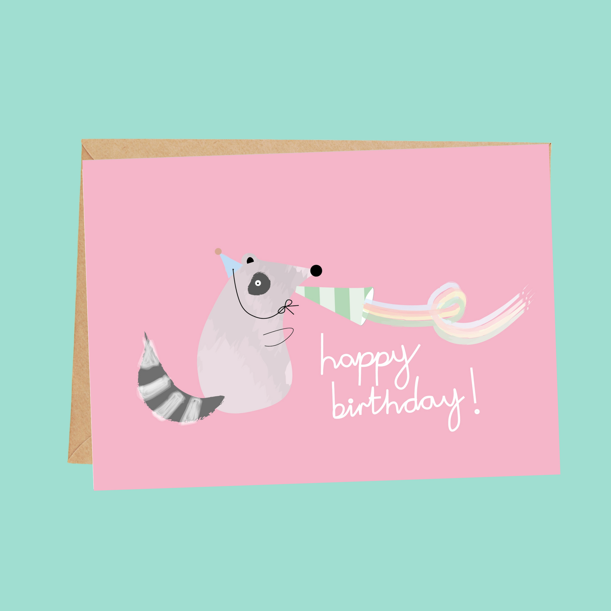 pink raccoon in party hat birthday card for kids