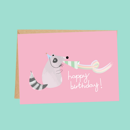 pink raccoon in party hat birthday card for kids