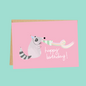 pink raccoon in party hat birthday card for kids